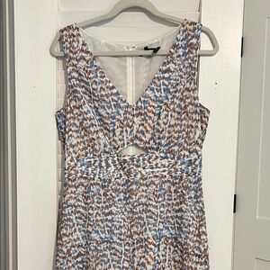 Theory Sleeveless V-Neck Midi Dress in Blue and Brown Print